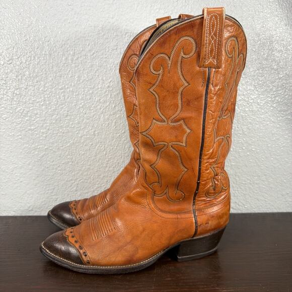Vtg DAN POST Brown Tan Leather Pointy Toe Cowboy Western Rodeo Boots Size 9 EW main image 7